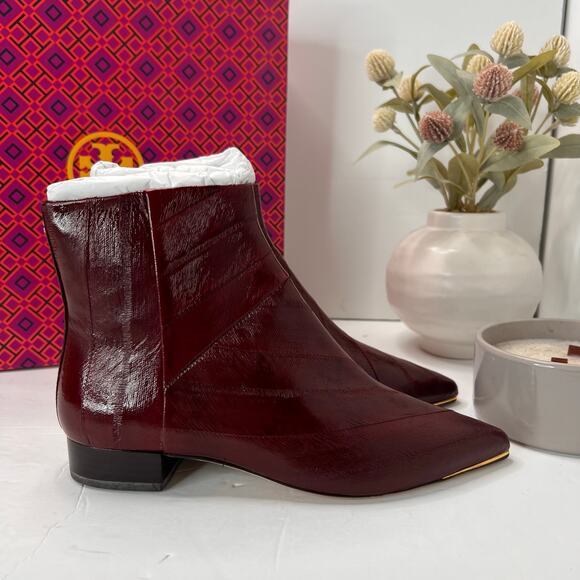 Tory Burch Lila 25mm Eel Leather Bootie Side Zip Wine Women's 5.5M NWB - Picture 1 of 12